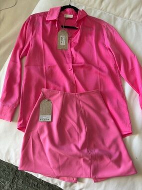 Meshki Hot Pink Button-Down Shirt and Mini Skirt Set